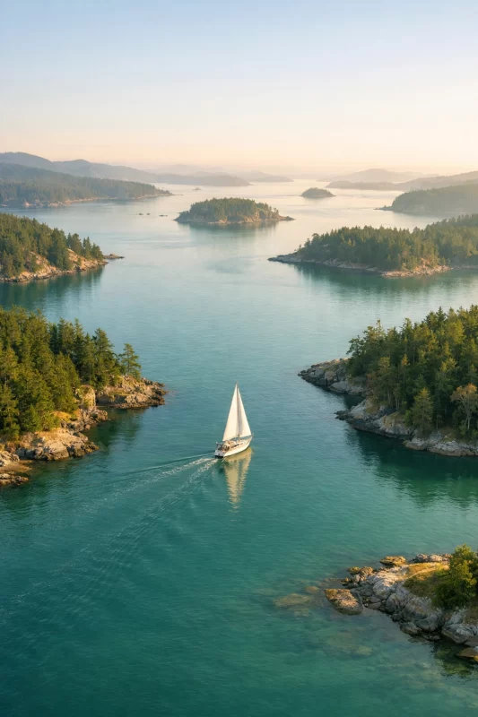 Sailboat cruising through protected Gulf Islands anchorages in British Columbia