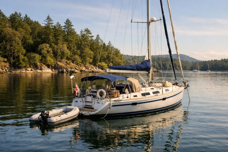 Cruising sailboat anchored in calm Gulf Islands bay with dinghy alongside
