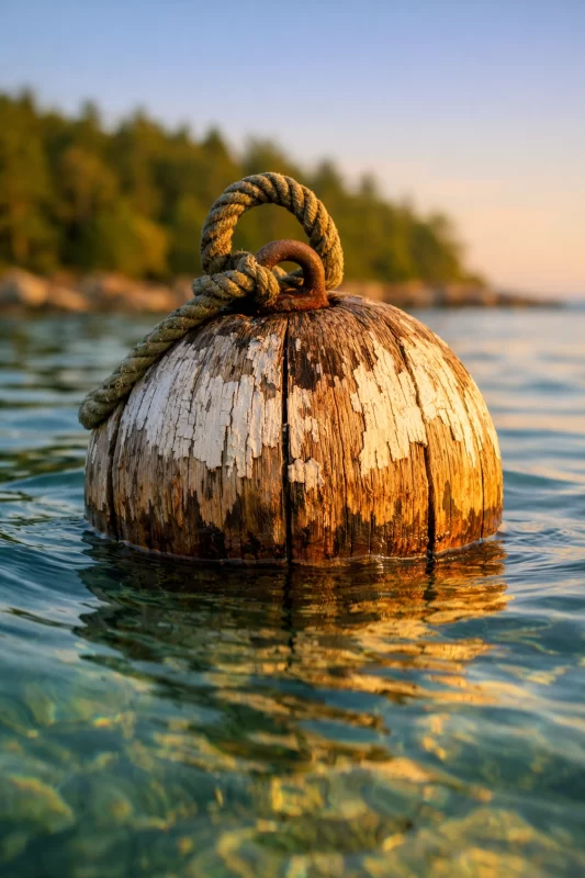 Mooring buoy in protected Gulf Islands anchorage with clear calm water